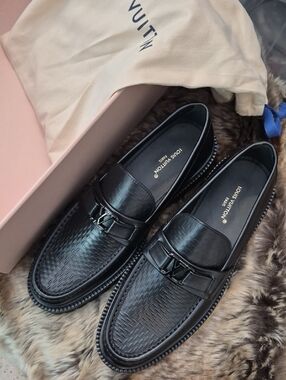Louis Vuitton Black Leather LV Buckle Slip-On Loafers
